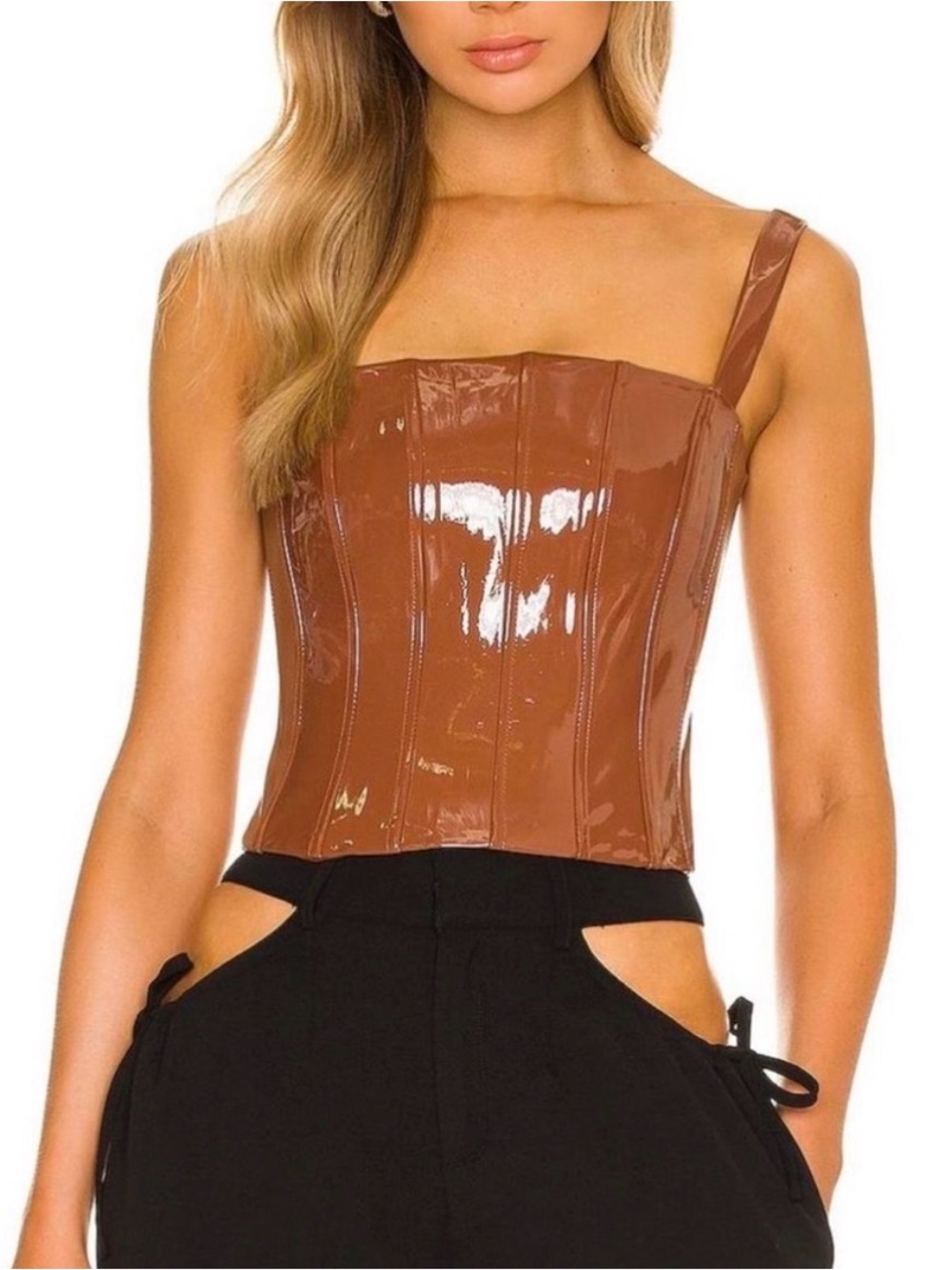 H:ours Ember Corset Top in a glossy, patent brown finish Size Small